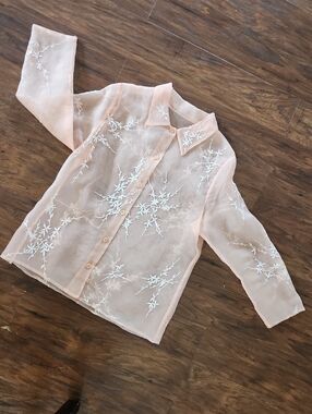Vintage Sheer Embroidered Peach Button-Down Shirt